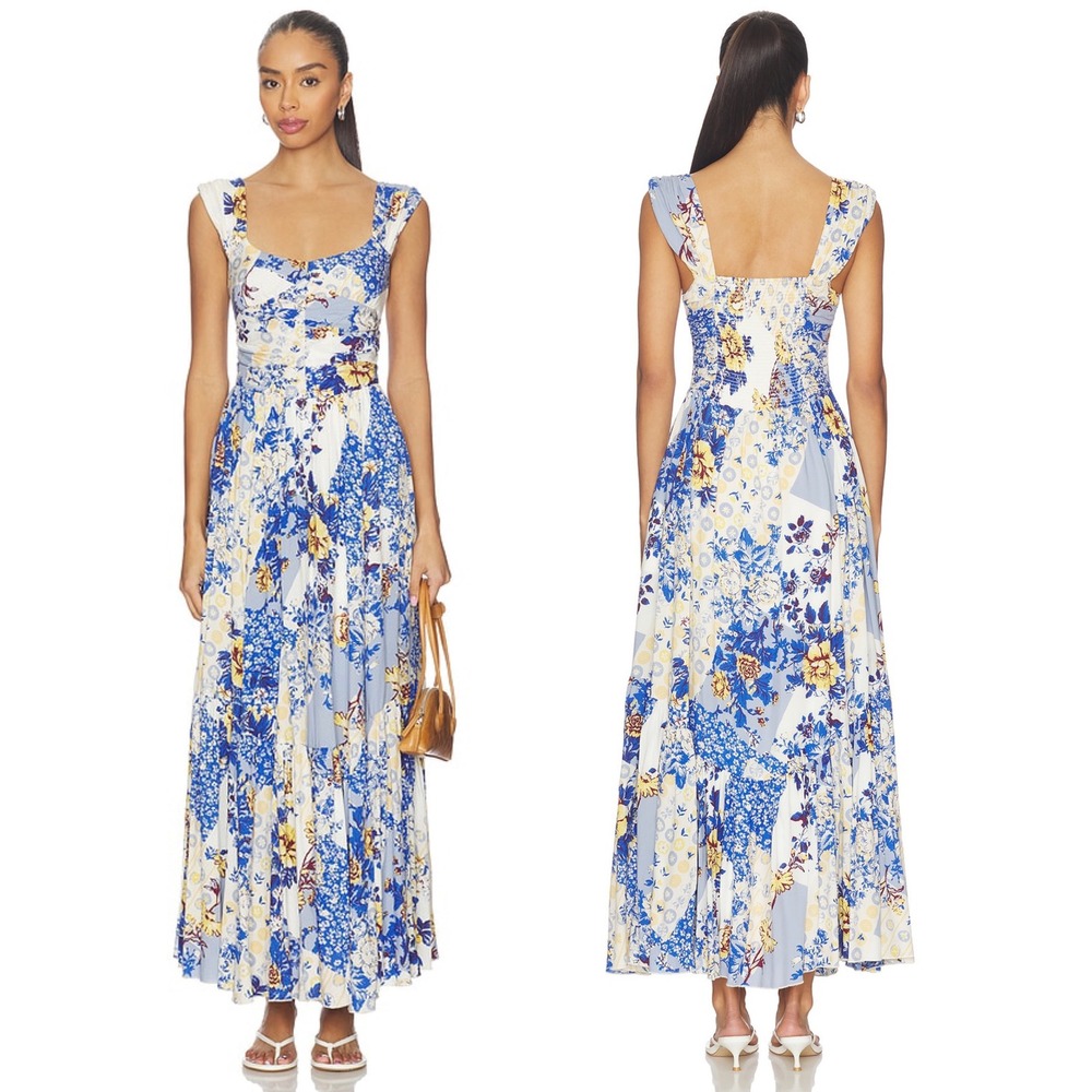 Free People Sasha Maxi Dress Women Medium Porcelain Combo Patchwork Floral Smock